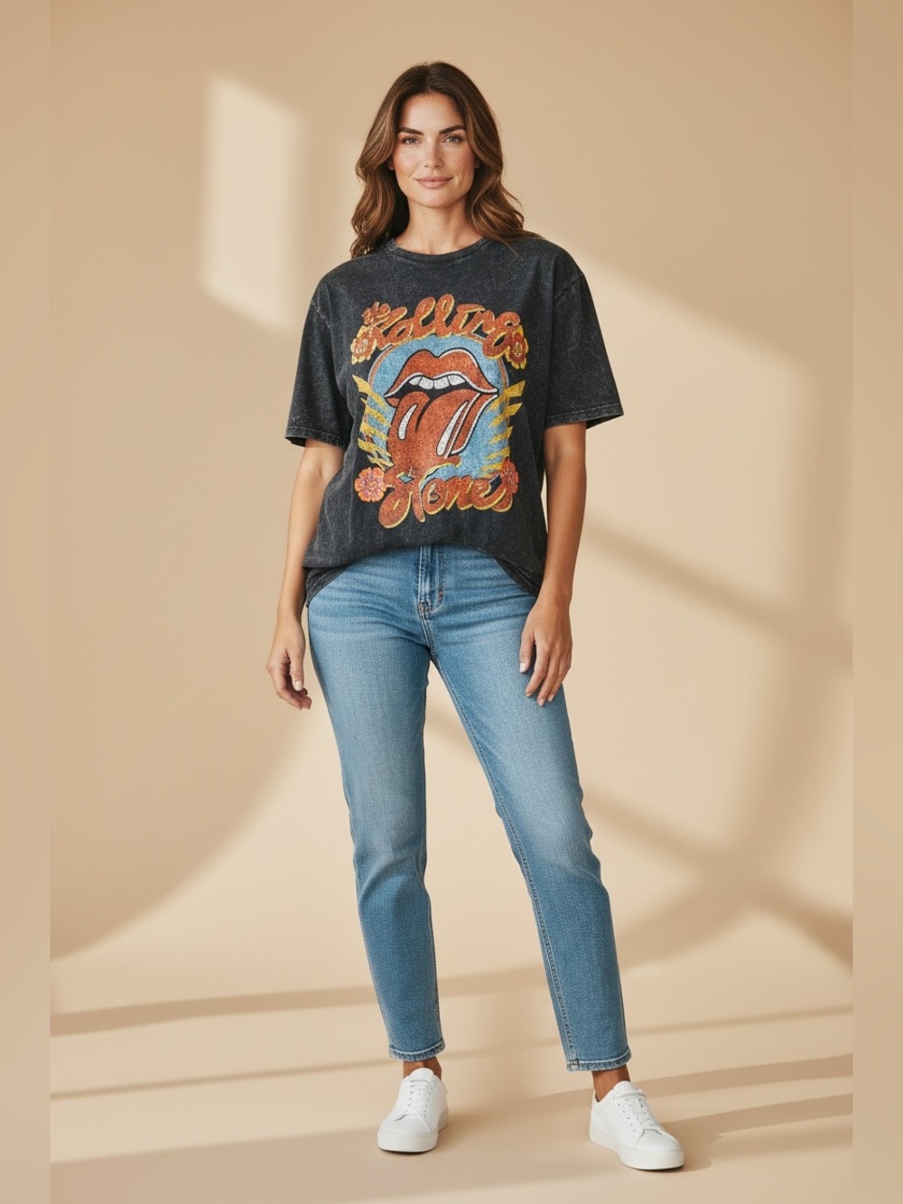 the Rolling Stones Washed Black Short-Sleeve Tee with Graphic design logo
